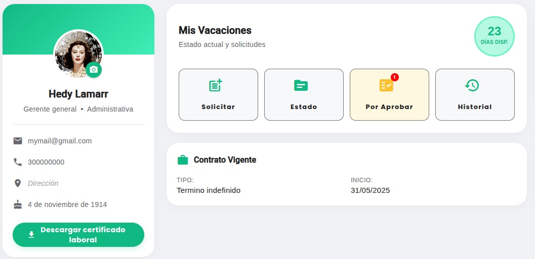 Dashboard de gestión de vacaciones y saldos para líderes